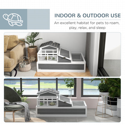 Three-Room Tortoise House Habitat with Balcony, Two-Story Wooden Tortoise House with Ladder, Tray, Openable Roof, Large Reptile Cage, 59H x 112L x 65Wcm