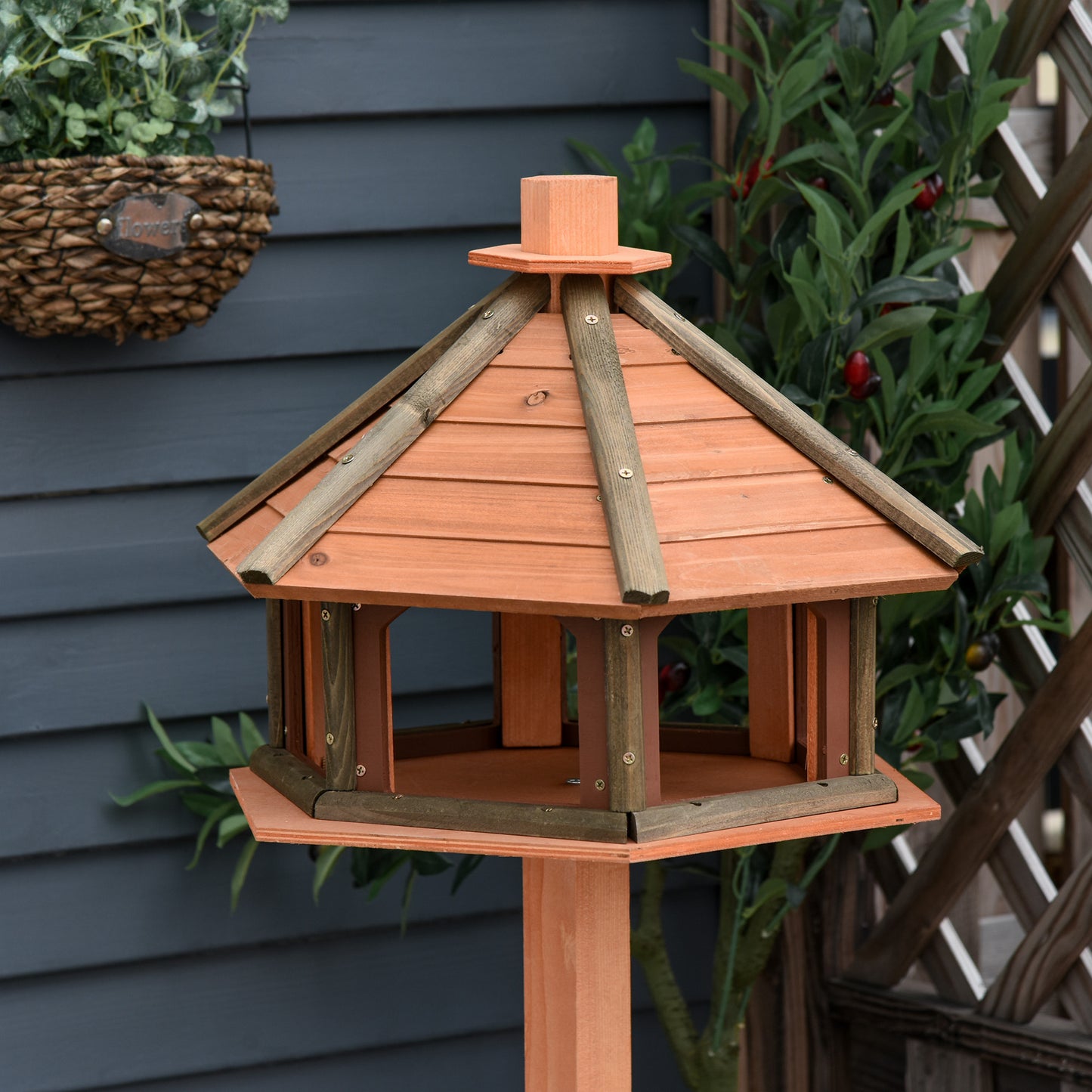 Wooden Bird Feeder Bird Table Bird House Playstand with Roof 130cm for Outside Use Brown