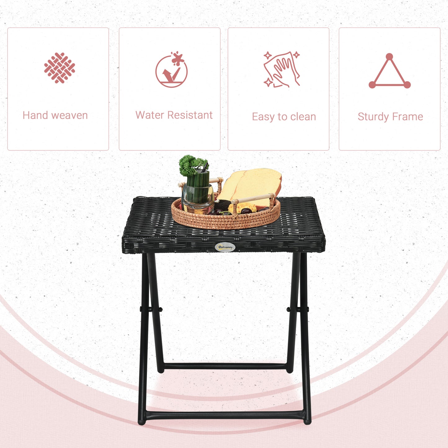 Outsunny Garden Small Folding Square Rattan Coffee Table Bistro Balcony Outdoor Wicker Weave Side Table 40H x 40L x 40Wcm Black