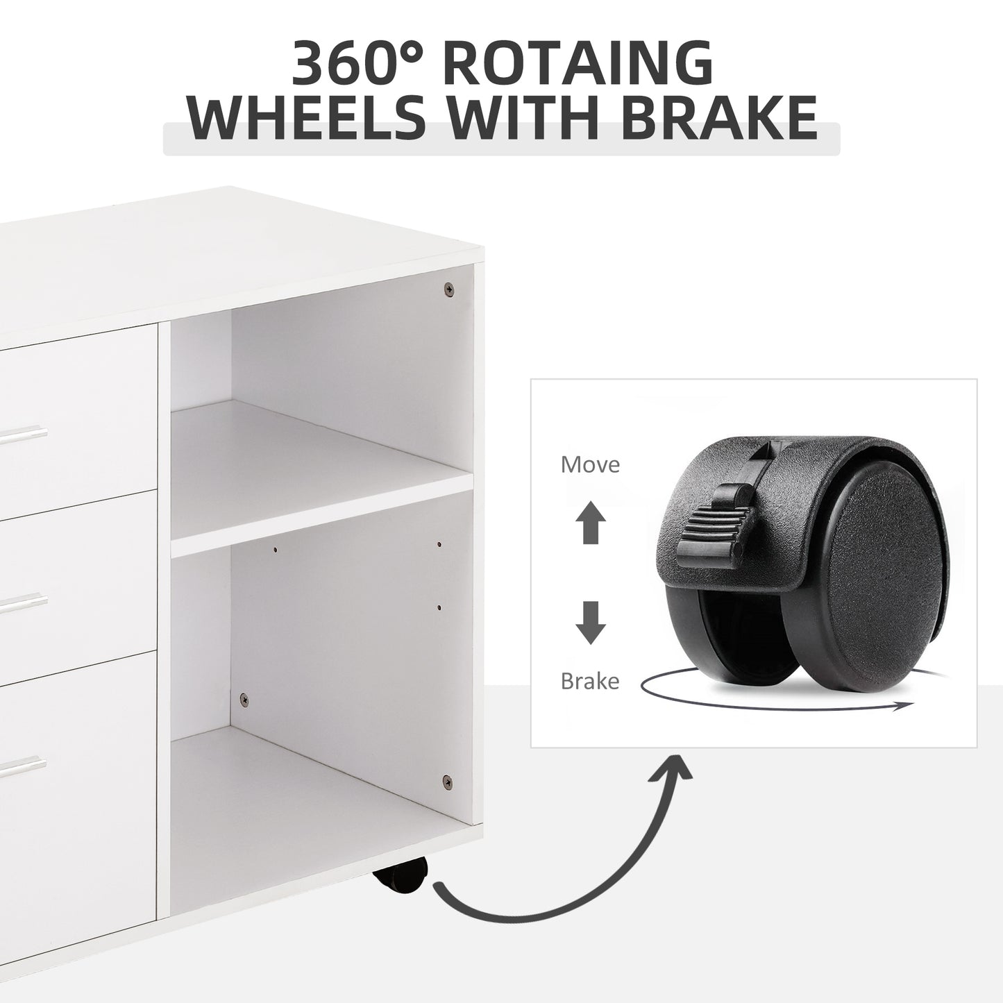Freestanding Printer Stand Unit with Wheels 3 Drawers & 2 Open Shelves