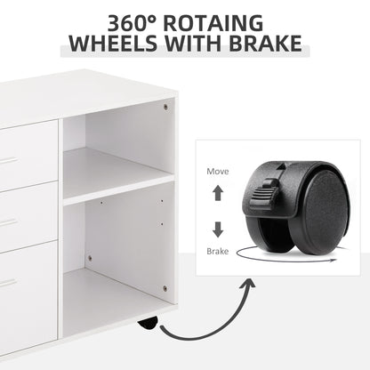 Freestanding Printer Stand Unit with Wheels 3 Drawers & 2 Open Shelves