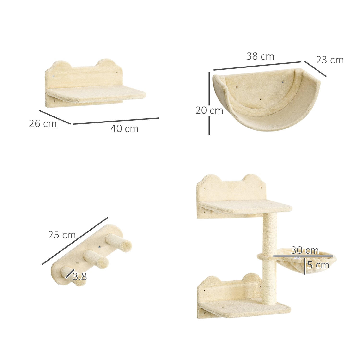 4PCs Wall Mounted Cat Tree Cat Wall Shelves Furniture Climbing Shelf Set Kitten Activity Centre w/ Hammock, Scratching Post - Beige