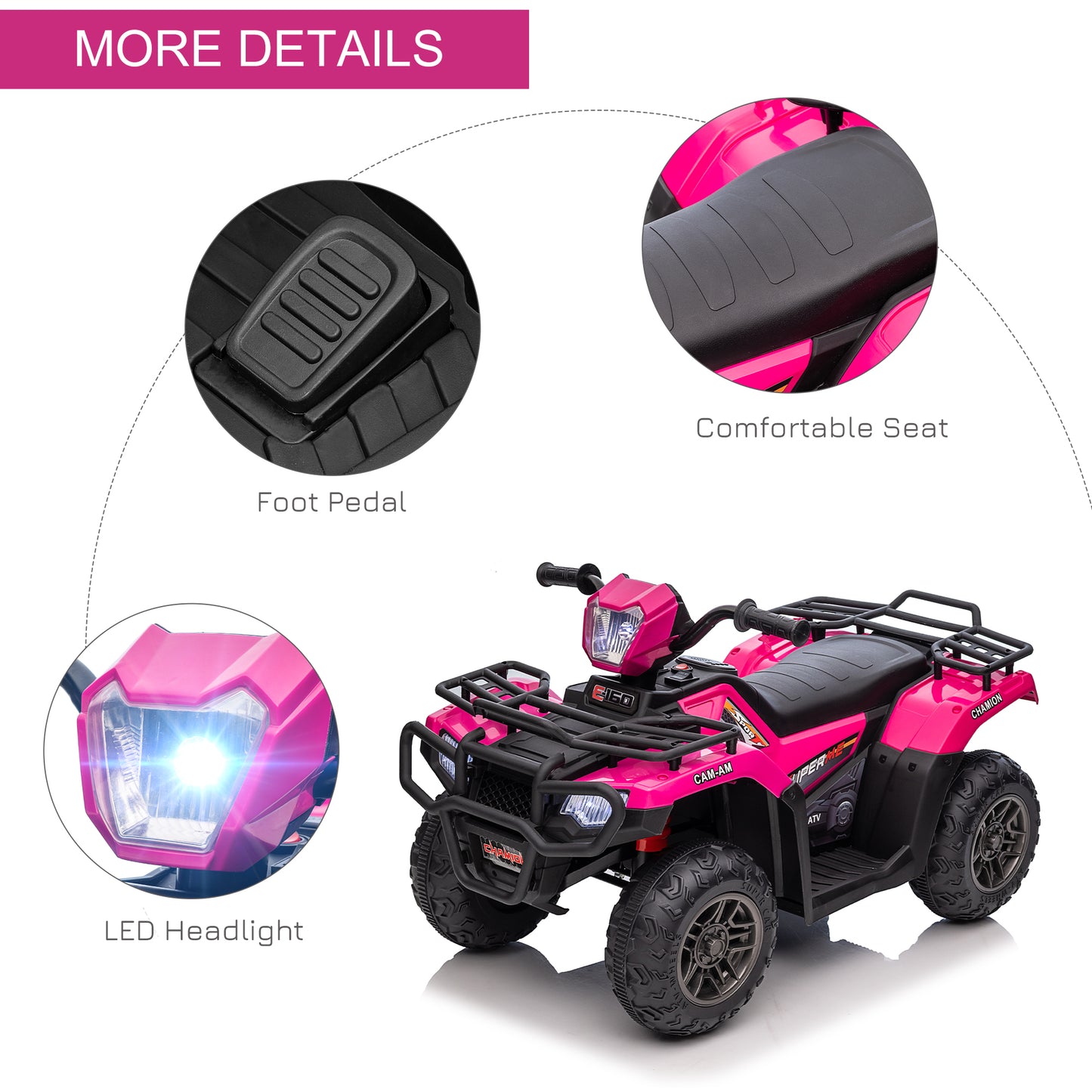 12V Kids Quad Bike with Forward Reverse Functions, Ride On ATV with Music, LED Headlights, for Ages 3-5 Years - Pink