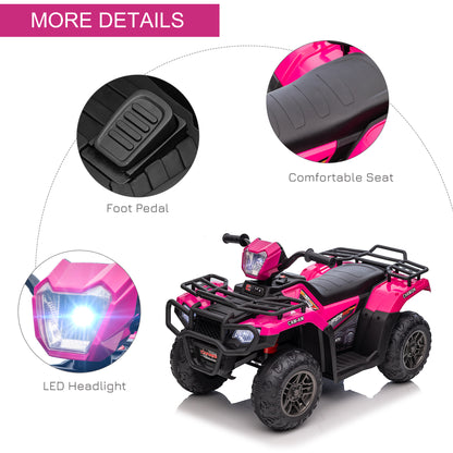12V Kids Quad Bike with Forward Reverse Functions, Ride On ATV with Music, LED Headlights, for Ages 3-5 Years - Pink