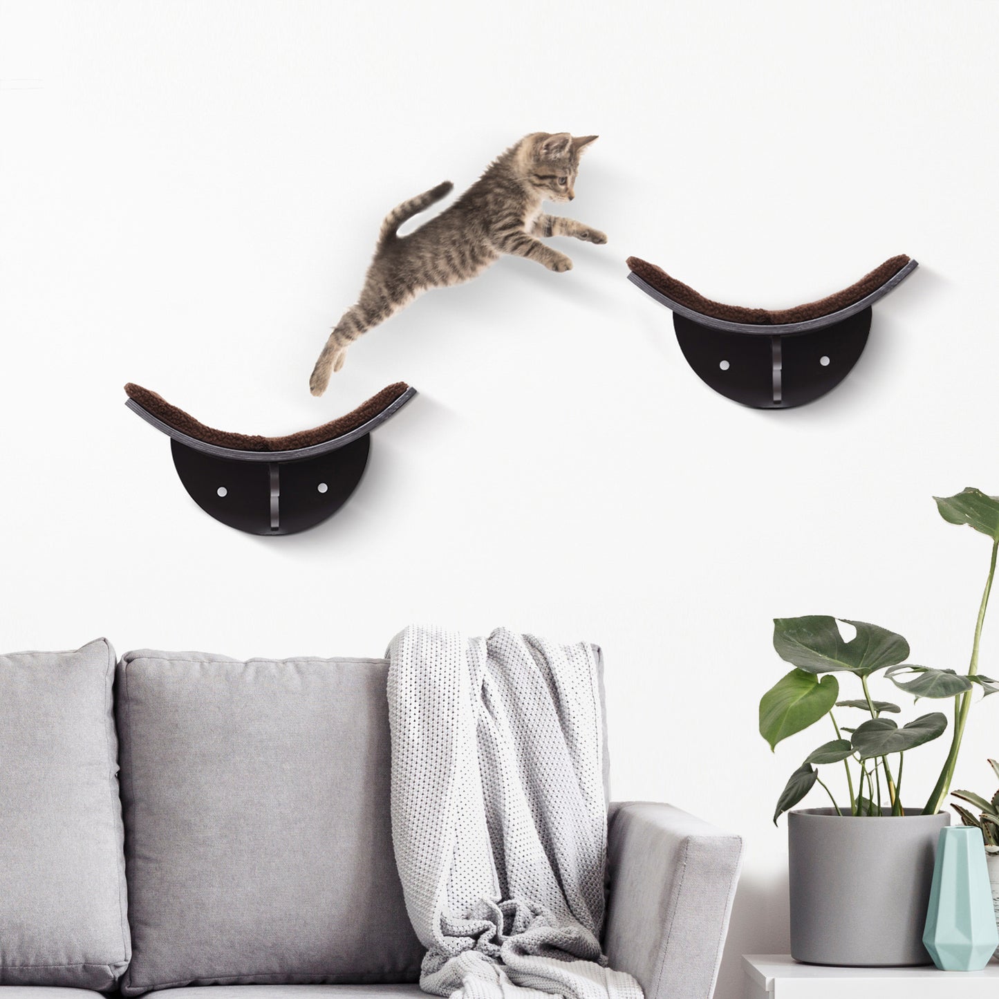 Wood Cat Shelves Wall-Mounted Shelter Curved Kitten Bed Cat Perch Climber Cat Furniture 41 x 28 x 21cm Brown