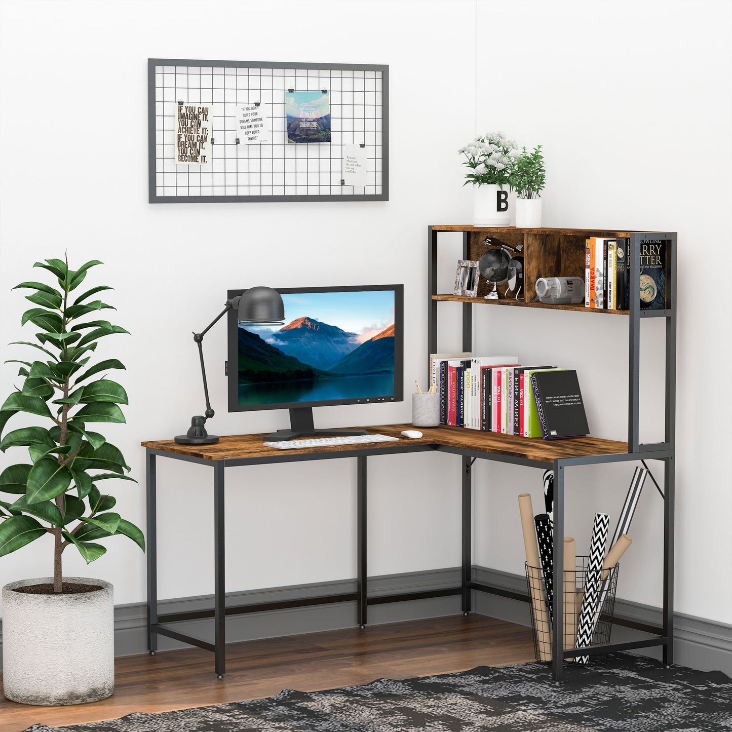 HOMCOM Industrial L Shaped Desk with Hutch, Computer Desk, Corner Desk with Storage Compartments and Steel Frame for Home Office, Study, Brown