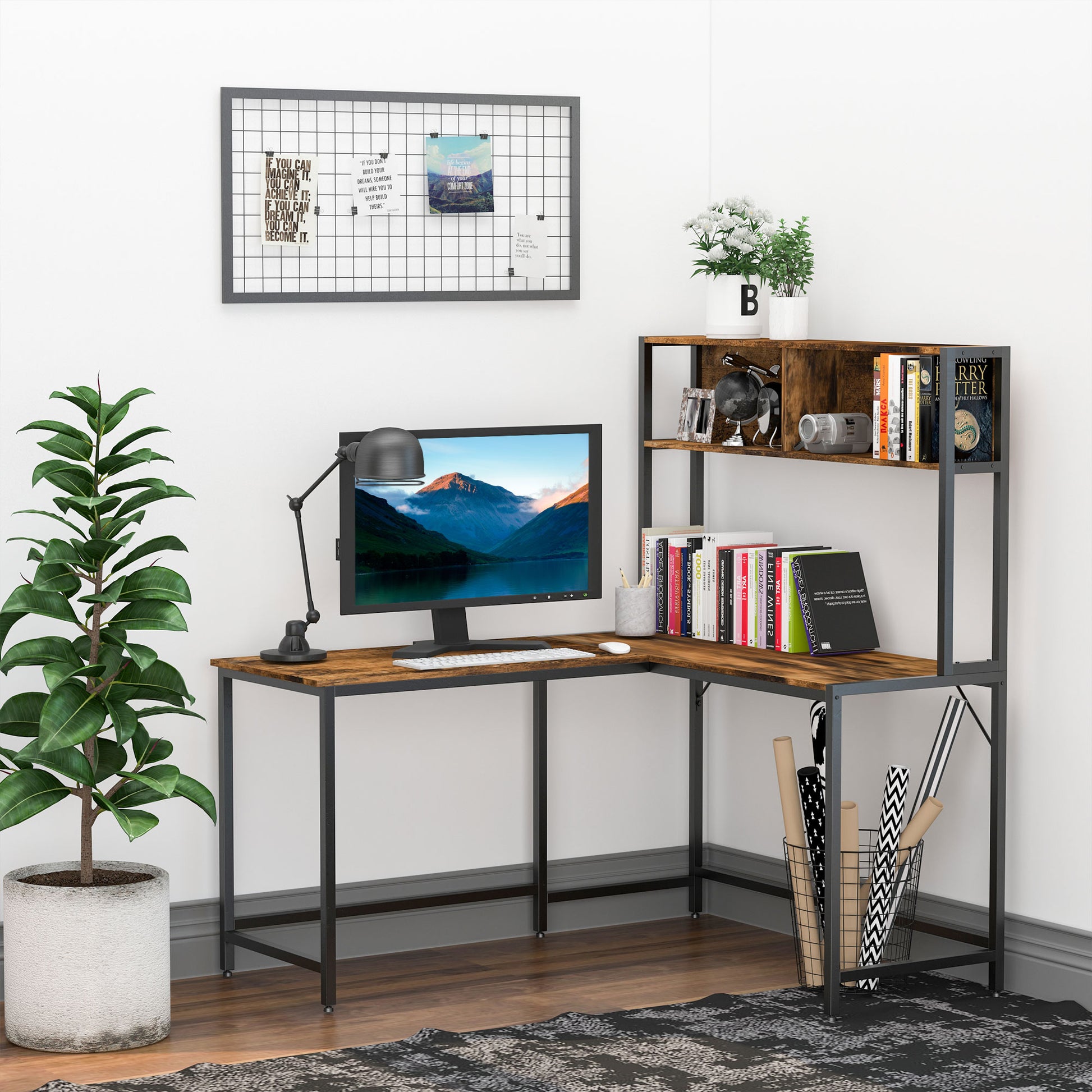 HOMCOM Industrial L Shaped Desk with Hutch, Computer Desk, Corner Desk with Storage Compartments and Steel Frame for Home Office, Study, Brown