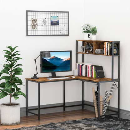 HOMCOM Industrial L Shaped Desk with Hutch, Computer Desk, Corner Desk with Storage Compartments and Steel Frame for Home Office, Study, Brown
