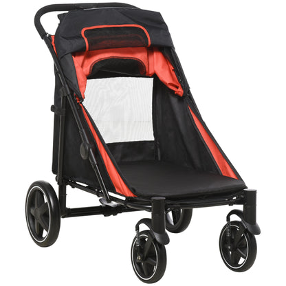 Pet Stroller w/ Universal Front Wheels, Shock Absorber, One-Click Foldable Dog Cat Carriage w/ Brakes, Storage Bags, Mesh Window, Safety Leash, for Large and Medium Dogs - Red