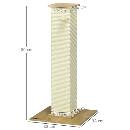 80cm Indoor Cat Scratching Post with Hanging Ball Toy, Particle Board Base, Natural Sisal Rope, Cat Furniture - White
