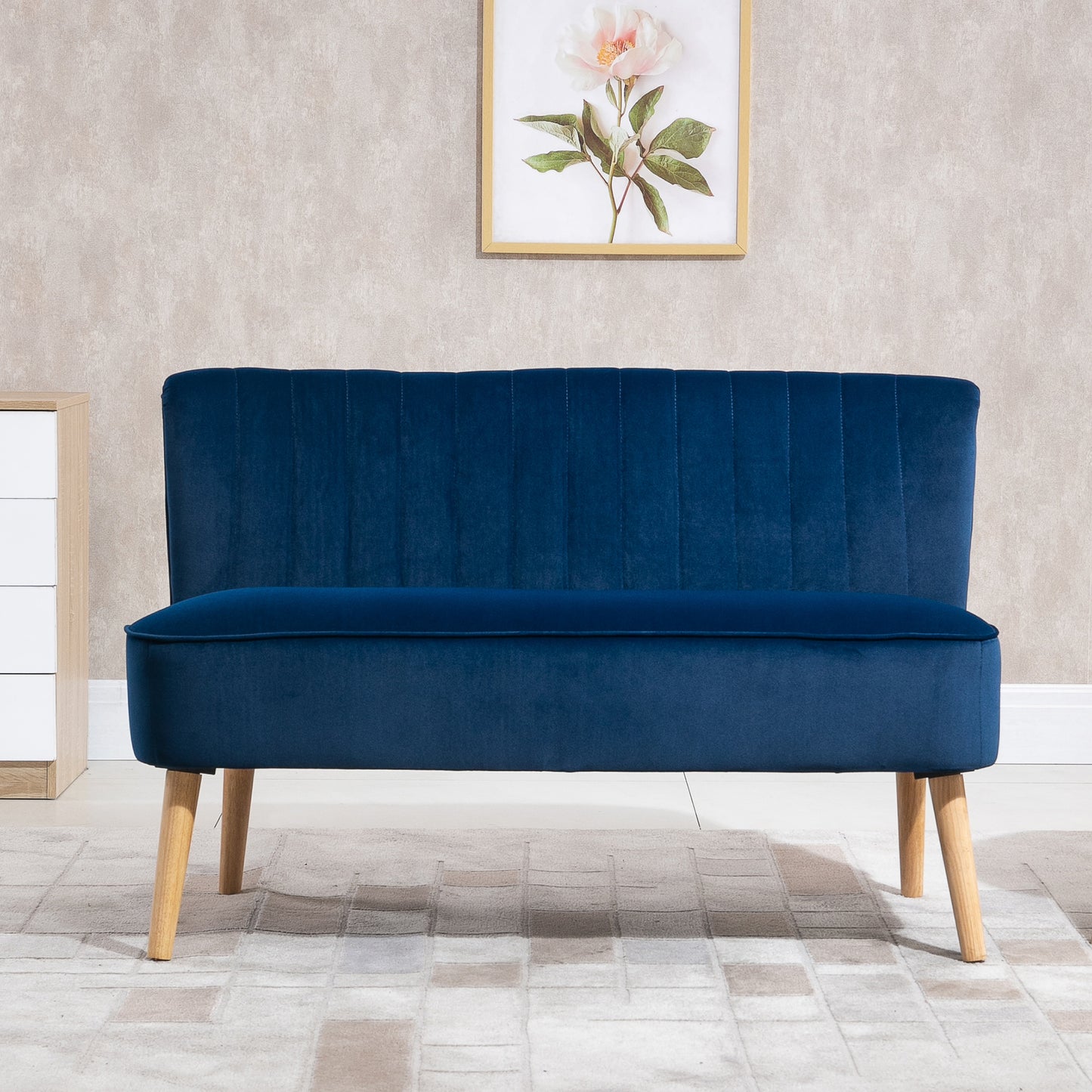 Modern Velvet Double Seat Sofa w/ Wood Frame Foam Padding High Back Soft Comfortable Compact Couch Home Office Stylish Plush Touch Blue