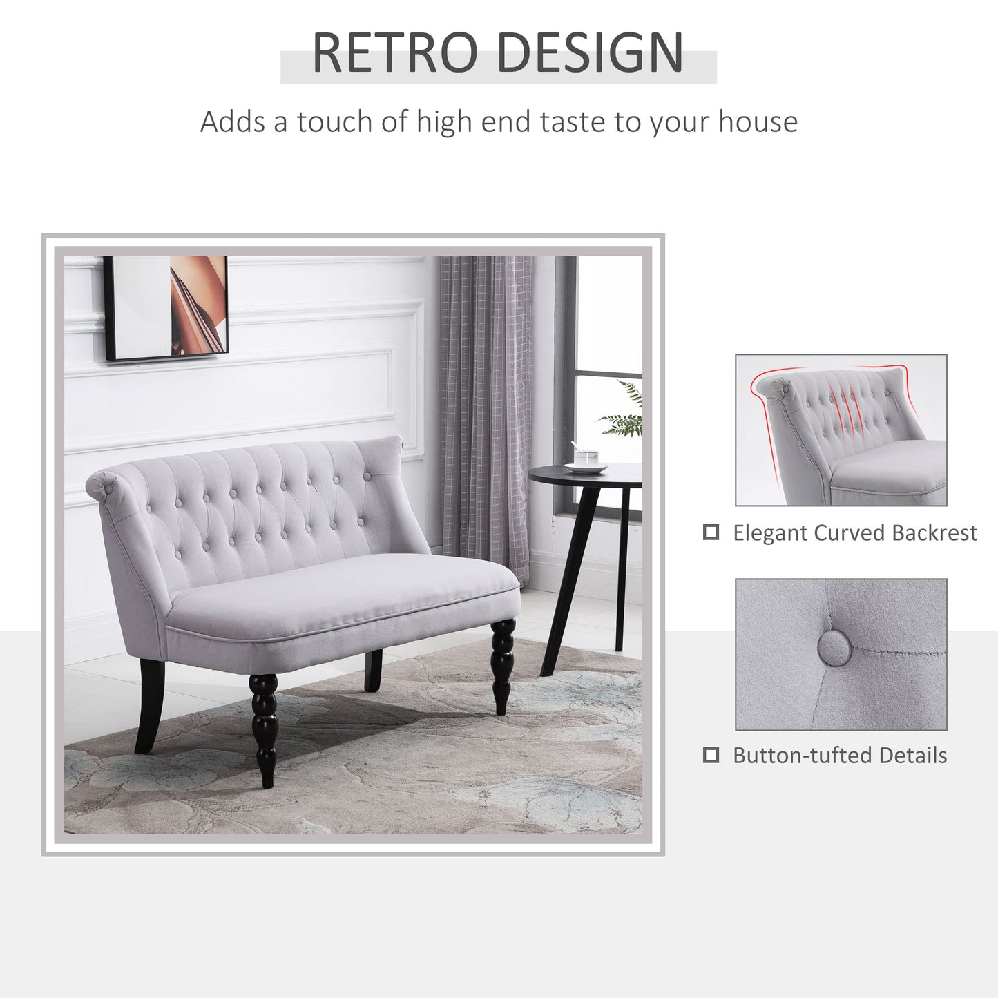 2 Seat Sofa Lounger Couch with Wood Frame Button Tufts Carved Legs Vintage Design Compact Home Bedroom Loveseat Grey
