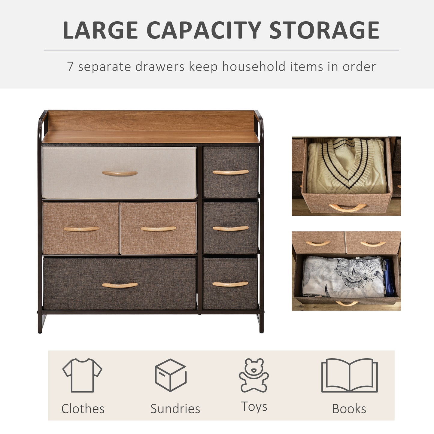 7-Drawer Dresser, Fabric Chest of Drawers, 3-Tier Storage Organizer for Bedroom Hallway Entryway, Tower Unit with Steel Frame Wooden Top