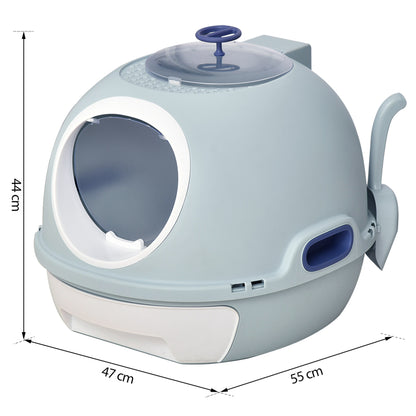 Cat Litter Box Toilet With Litter Scoop Enclosed Drawer Skylight Easy To Clean Blue
