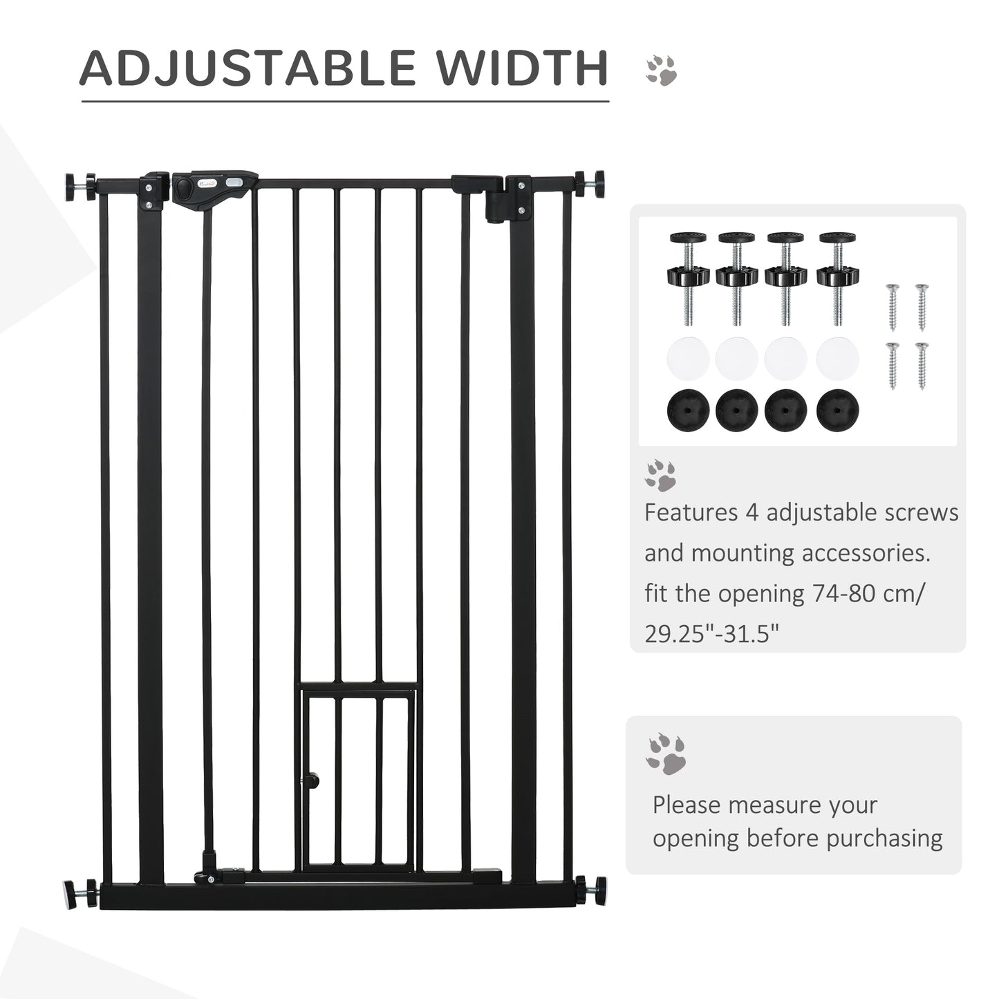 Extra Tall Dog Gate with Cat Flap, Pet Safety Gate for Doorways Stairs with Auto Close Double Locking, 104 cm Tall 74-80 cm Wide, Black
