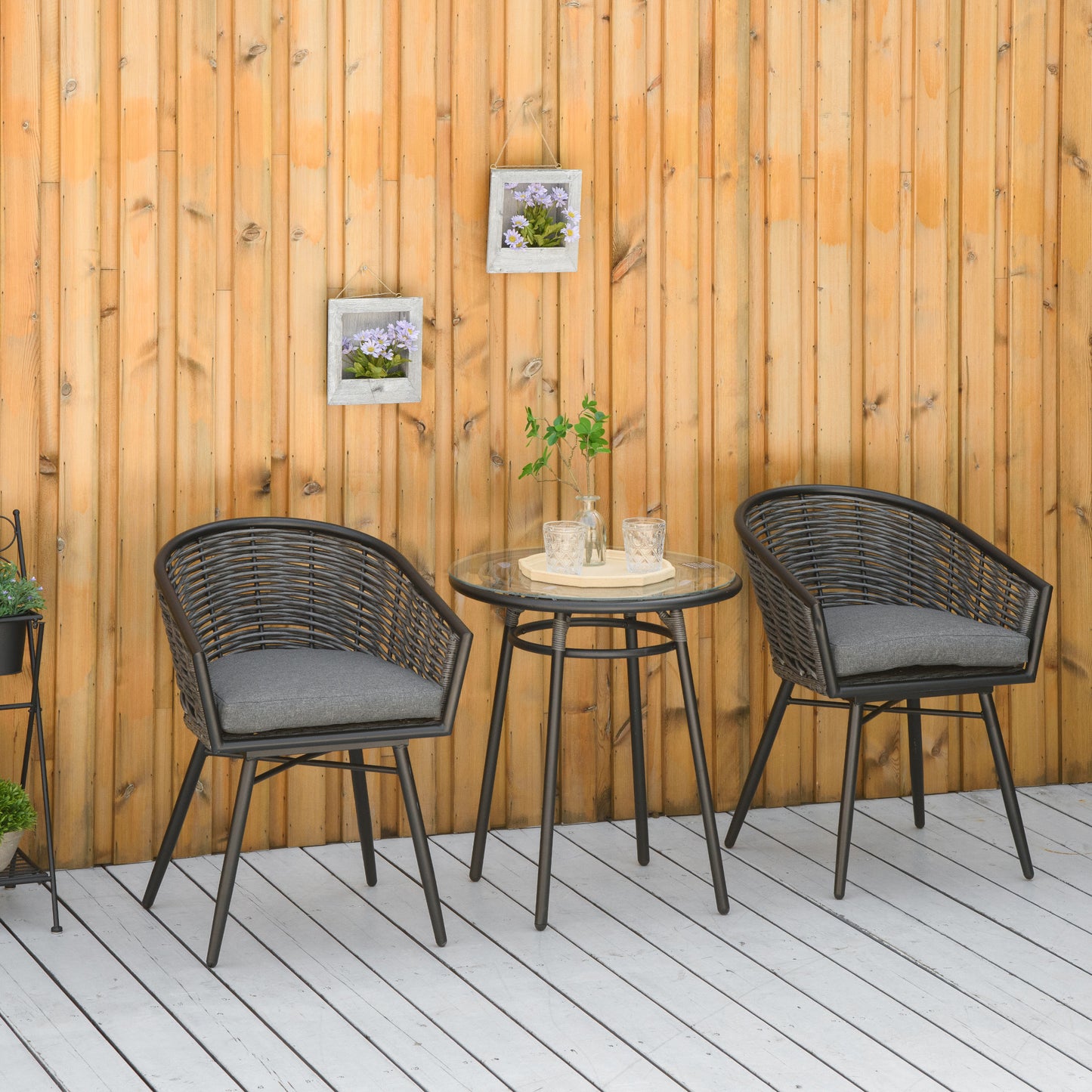 Outsunny 3 Pieces Outdoor PE Rattan Balcony Furniture, Round Wicker Patio Table and Chairs w/ 2 Armchairs & Glass Top Coffee Table Conversation Furniture Sets, Grey