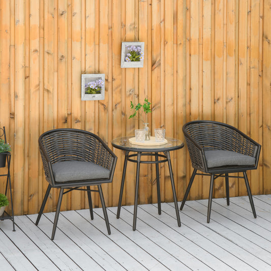 Outsunny 3 Pieces Outdoor PE Rattan Balcony Furniture, Round Wicker Patio Table and Chairs w/ 2 Armchairs & Glass Top Coffee Table Conversation Furniture Sets, Grey