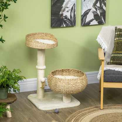 72cm Cat Tree, Kitty Activity Centre, Cat Climbing Toy, Cat Tower w/ Two Cattail Beds, Toy Ball, Scratching Post - Beige