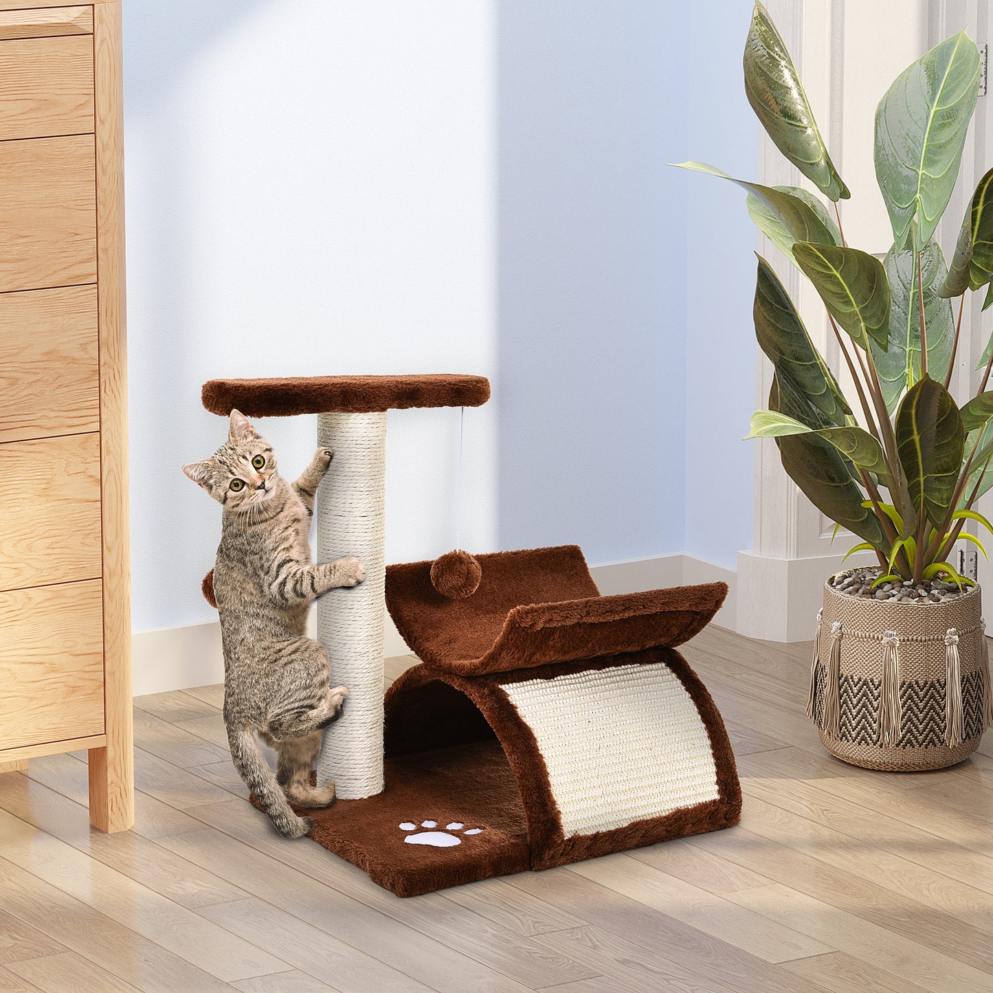 Cat Tree for Indoor Cats Scratching Post Kitten Scratcher Kitty Activity Play Center Sisal Rotatable Top Bar Tunnel Dangling Ball Brown