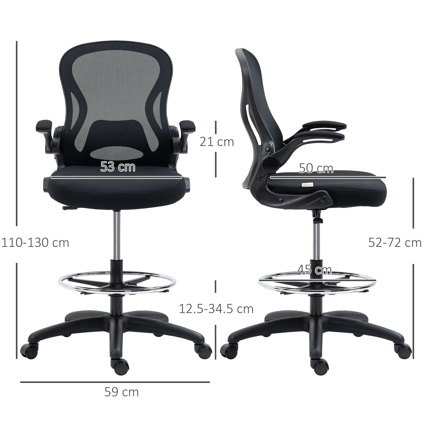 Adjustable Standing Desk Chair with Flip-up Armrests Lumbar Support Armrests Adjustable Footrest Ring Black