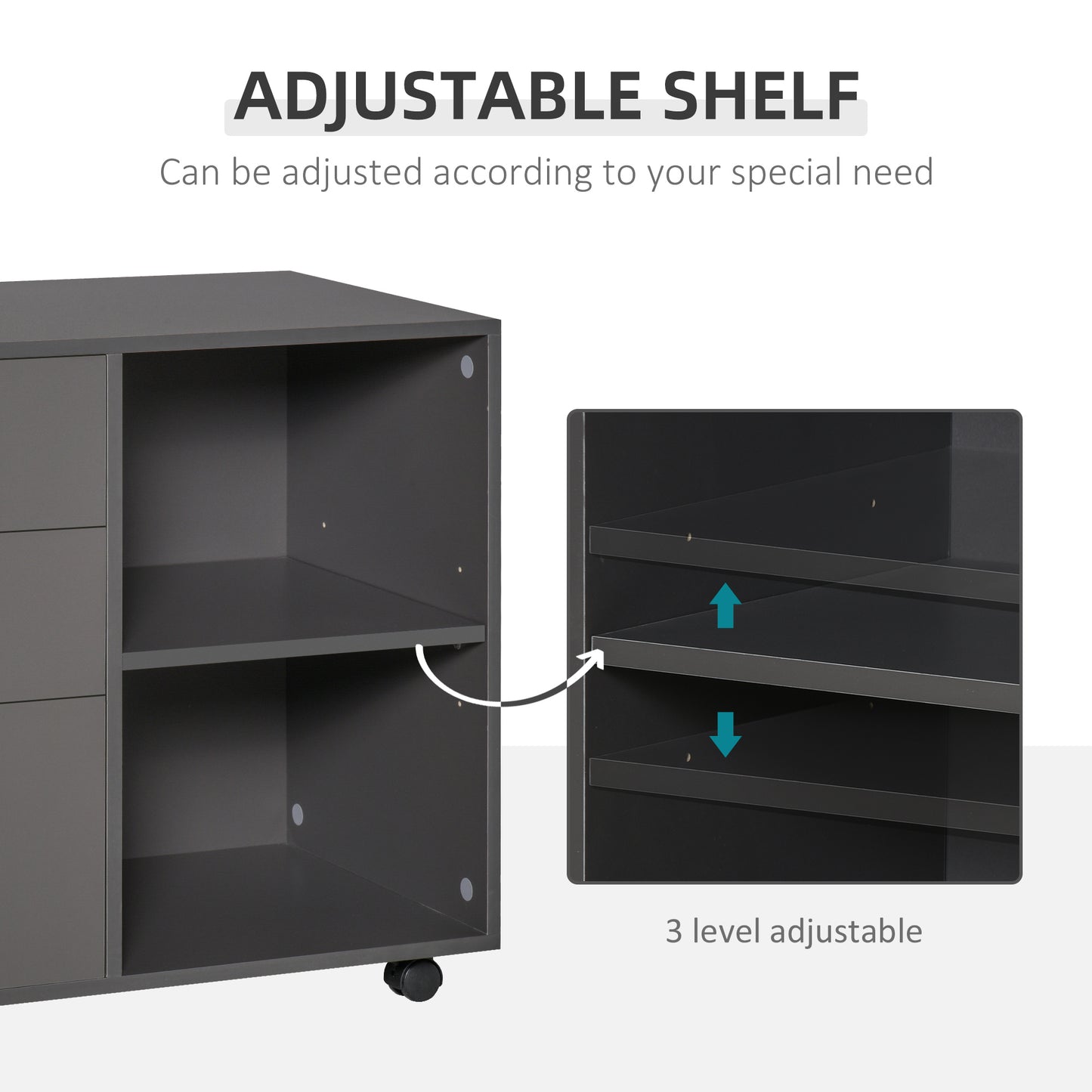 Freestanding Printer Stand Unit with Wheels 3 Drawers & 2 Open Shelves