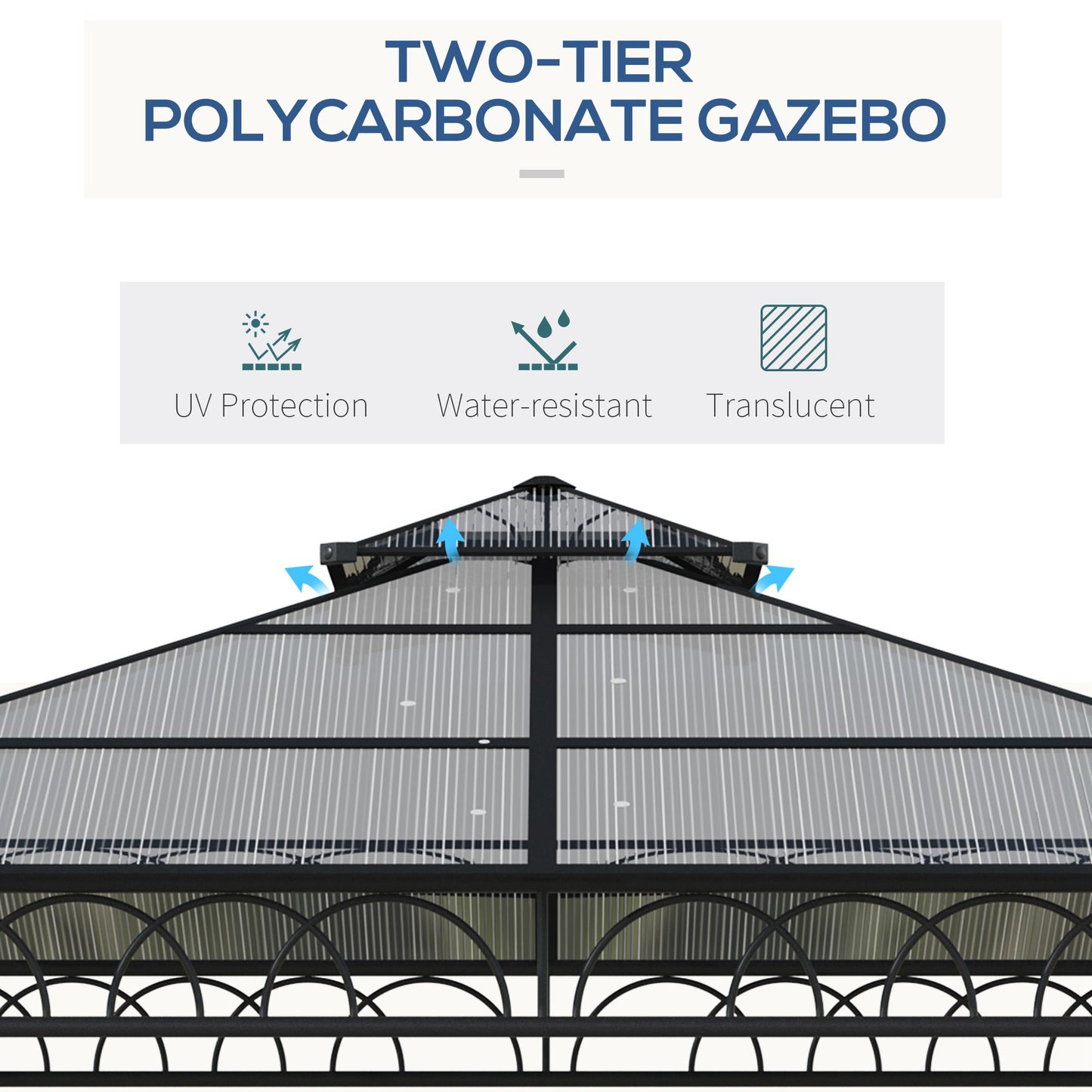 3 x 3m Outdoor Polycarbonate Gazebo with Double Roof, Galvanised Steel Frame and Curtains