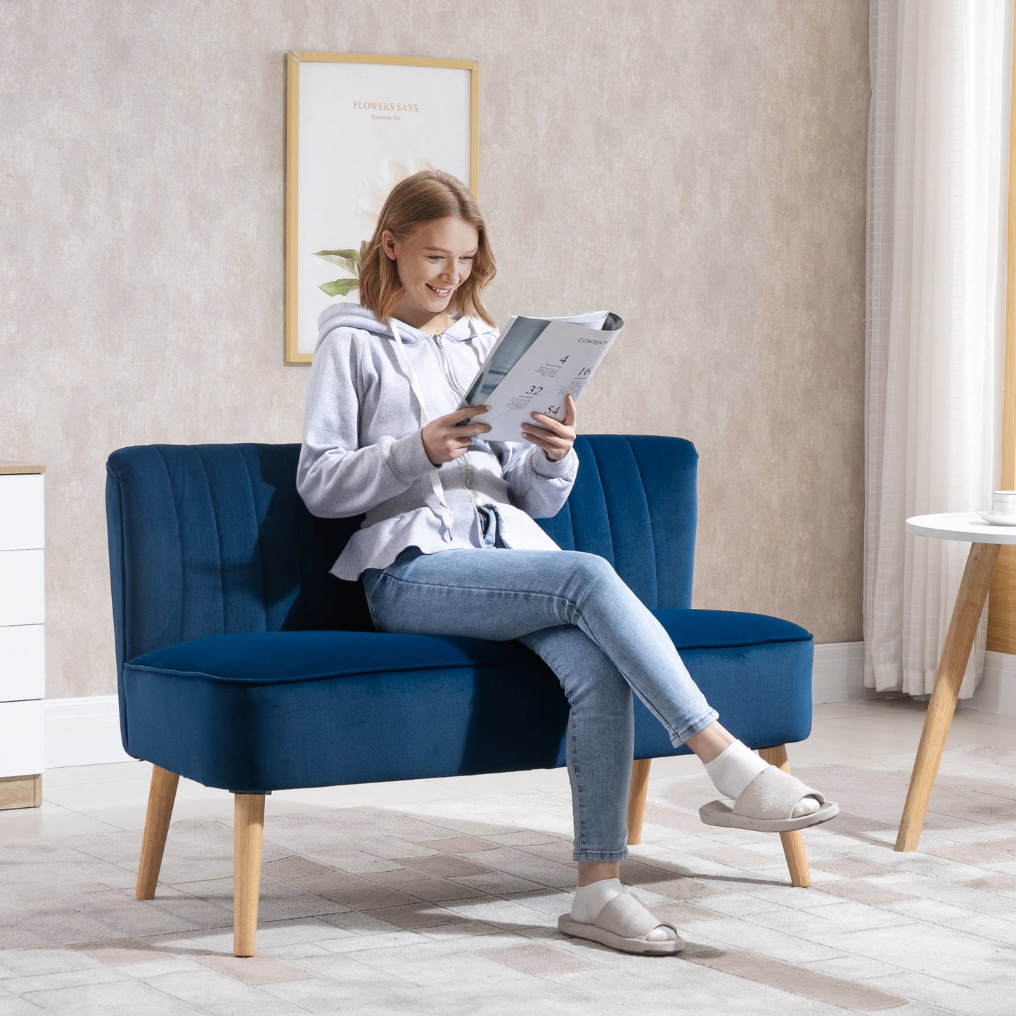 Modern Velvet Double Seat Sofa w/ Wood Frame Foam Padding High Back Soft Comfortable Compact Couch Home Office Stylish Plush Touch Blue