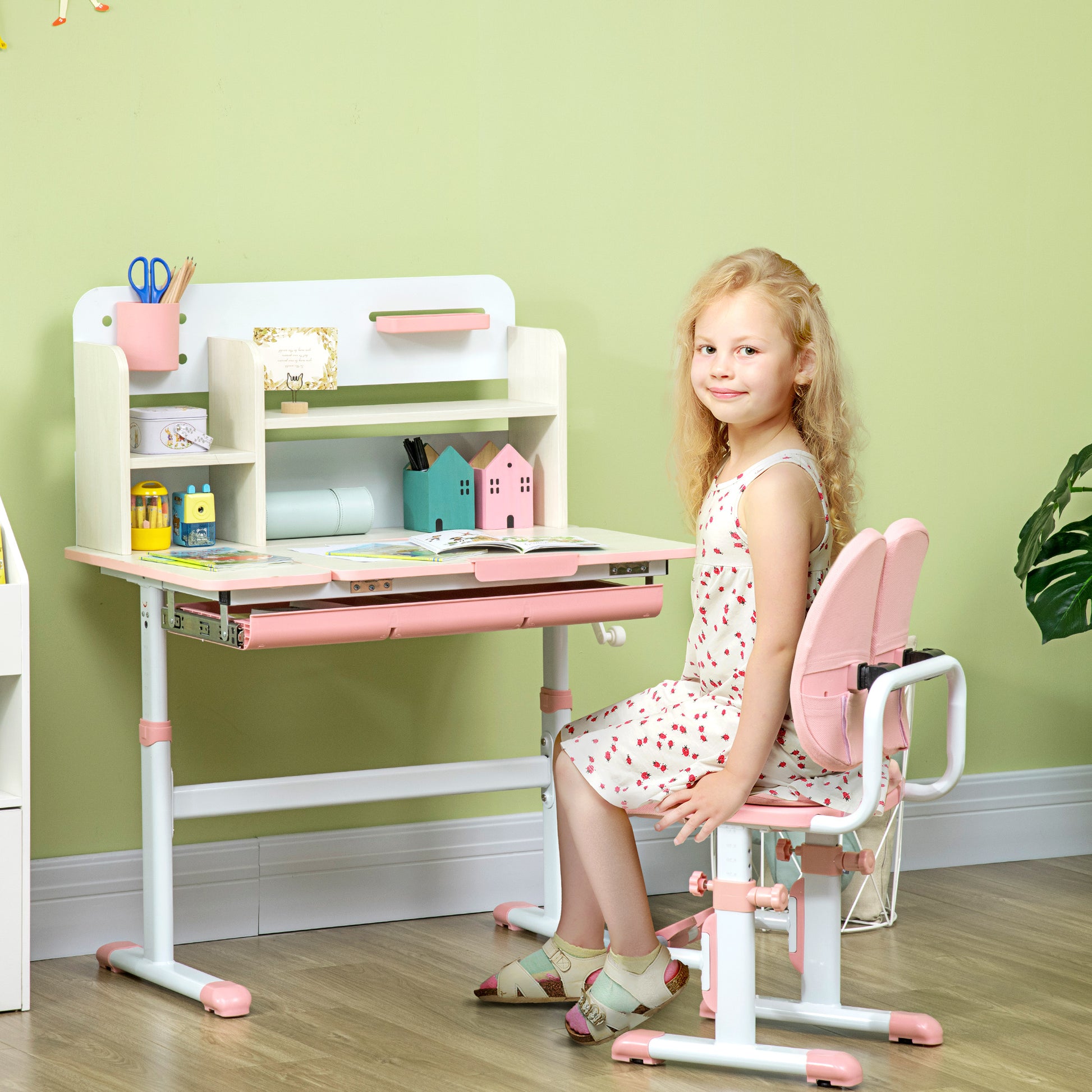 HOMCOM Kids Desk and Chair Set, Height Adjustable Kids Sturdy Table and Chair Set with Storage Shelves, Washable Cover, Anti-Slip Mat, for Ages 3-12 Years - Pink