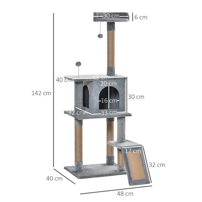 Cat Tree Tower for Indoor Cats 142cm Climbing Kitten Activity Center with Jute Scratching Post Board Perch Roomy Condo Removable Felt Hanging Toy, Grey