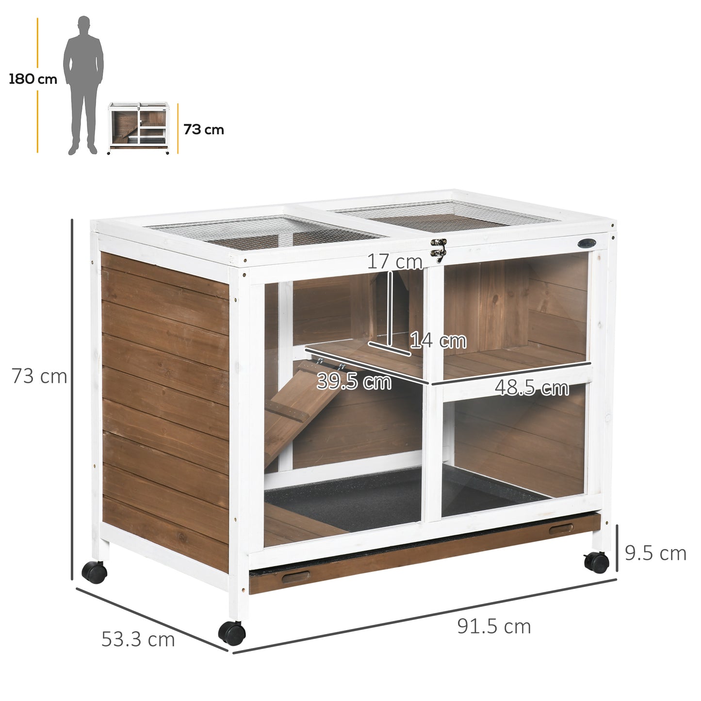Wooden Rabbit Hutch Guinea Pigs House Bunny Small Animal Cage w/ Pull-out Tray Openable Roof Wheels 91.5 x 53.3 x 73 cm, Brown