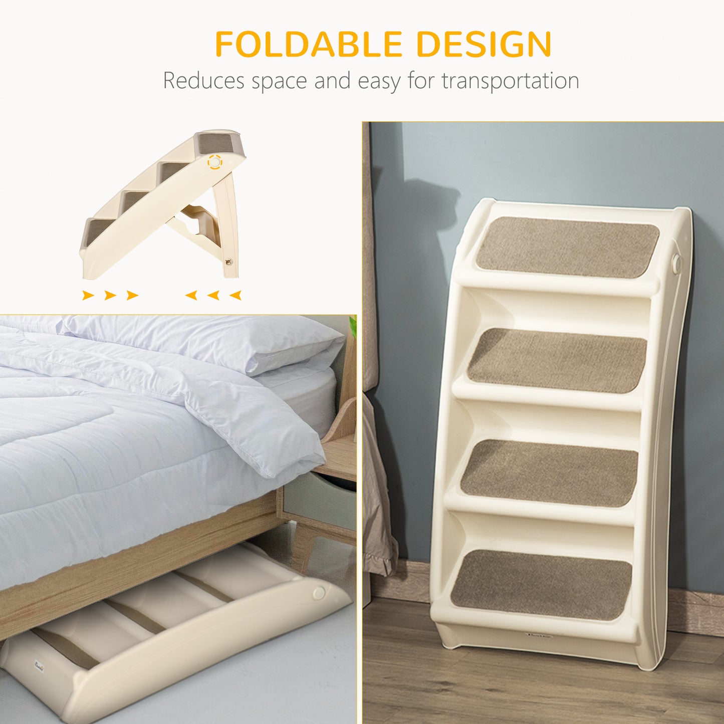 Foldable Pet Stairs Portable Dog Steps for Sofa, Bed, Four-Step Design for Cats, Small Miniature Dogs w/ Non-Slip Mats - Beige, 62 x 38 x 49.5cm