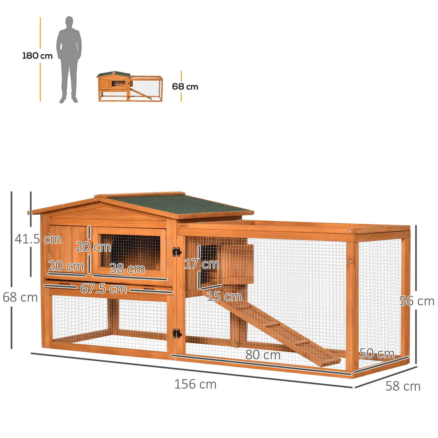 Rabbit Hutch and Run Outdoor Bunny Cage Wooden Guinea Pig Hide House with Sliding Tray, Hay Rack, Ramp, 156 x 58 x 68cm
