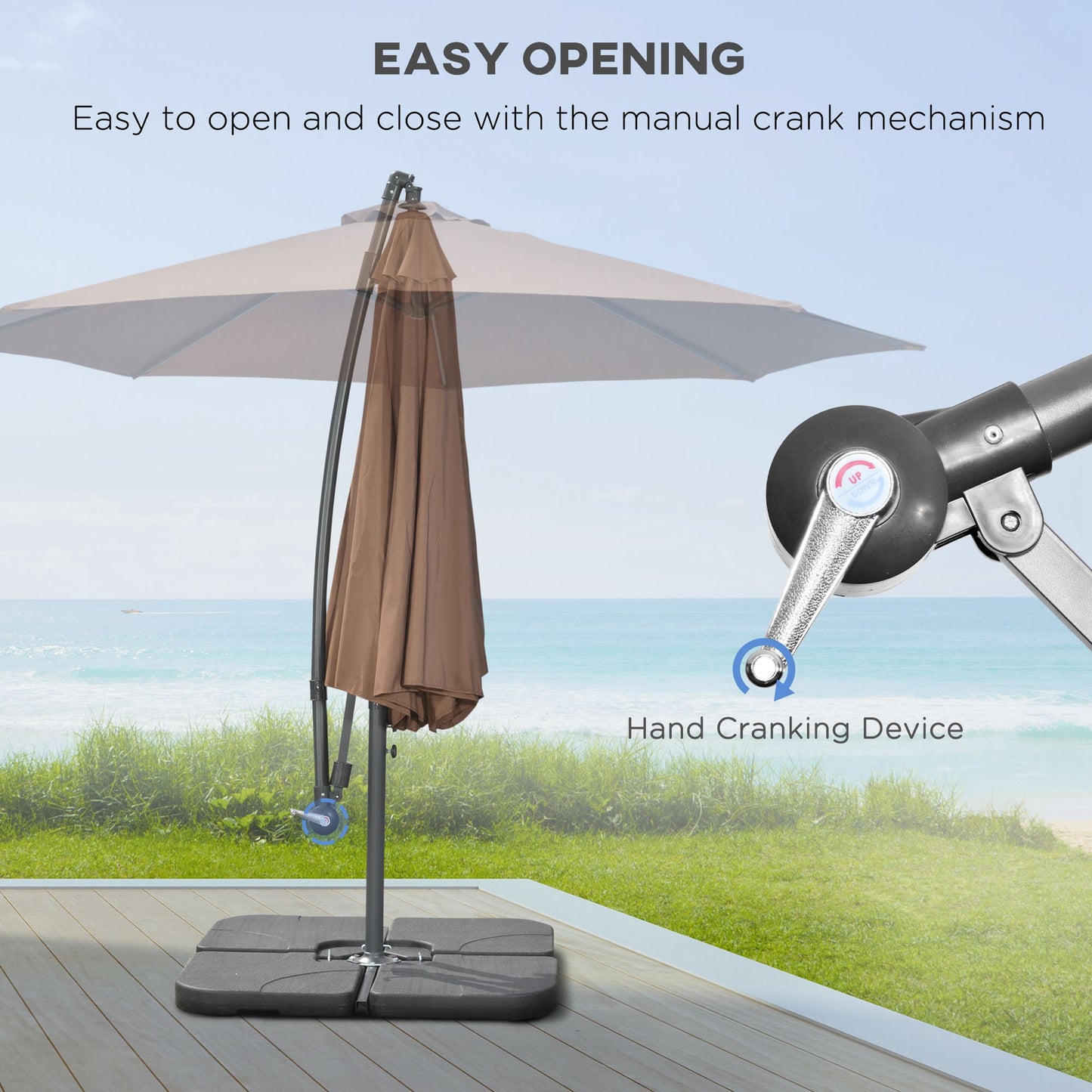 Garden Banana Parasol Cantilever Umbrella with Crank Handle, Cross Base, Weights and Cover for Outdoor, Hanging Sun Shade, Coffee