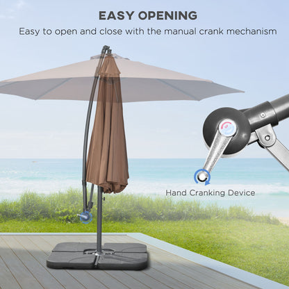 Garden Banana Parasol Cantilever Umbrella with Crank Handle, Cross Base, Weights and Cover for Outdoor, Hanging Sun Shade, Coffee
