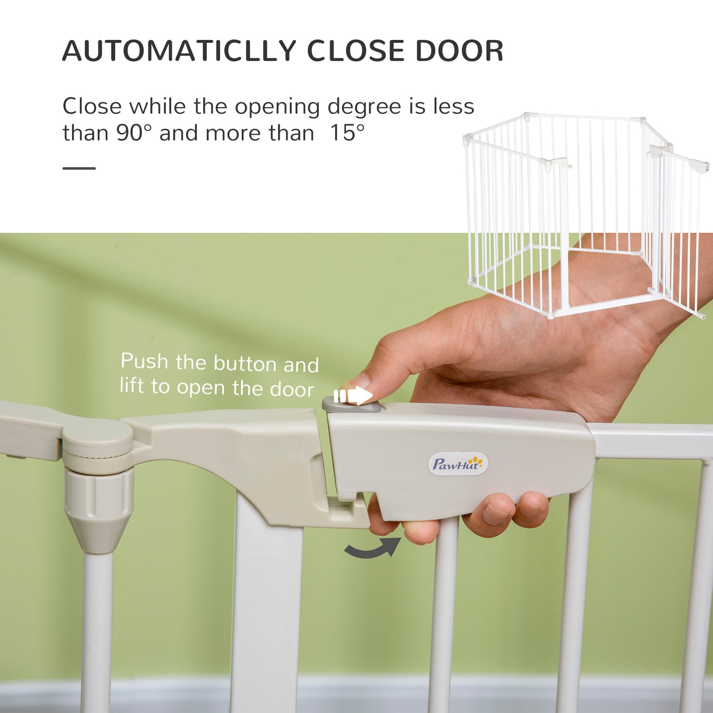 Pet Safety Gate, 5 Panel Playpen Fireplace Christmas Tree Metal Fence Stair Barrier Room Divider with Walk Through Door Automatically Close Lock White