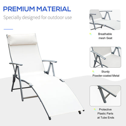 Garden Lounger Steel Frame Outdoor Folding Chaise Lounger with Headrest & 7 Levels Adjustable Backrest, 81.5L x 20.5W x 64.5H, Cream White