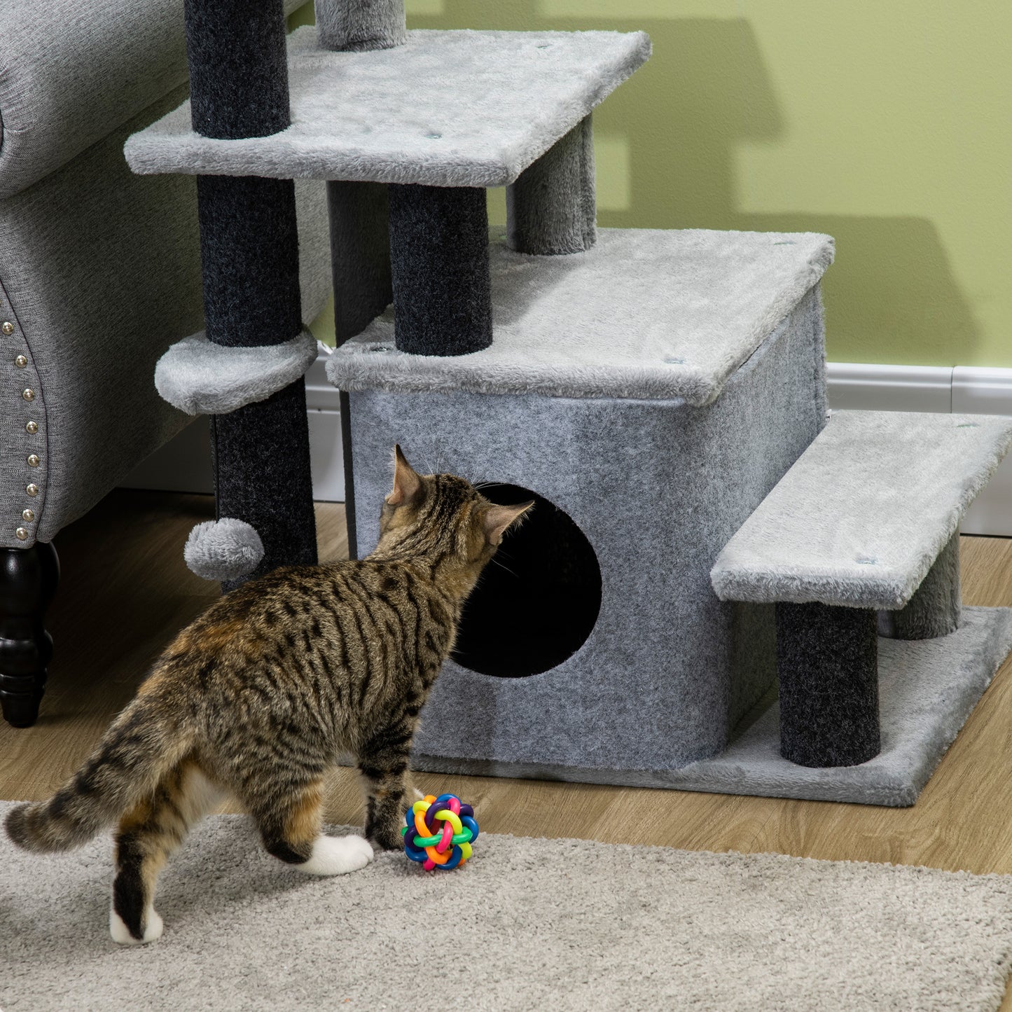 Dog Steps for Bed 4 Step Pet Stairs Cat House with Detachable Cover, Cat ladder for Sofa w/ Hanging Balls - Grey