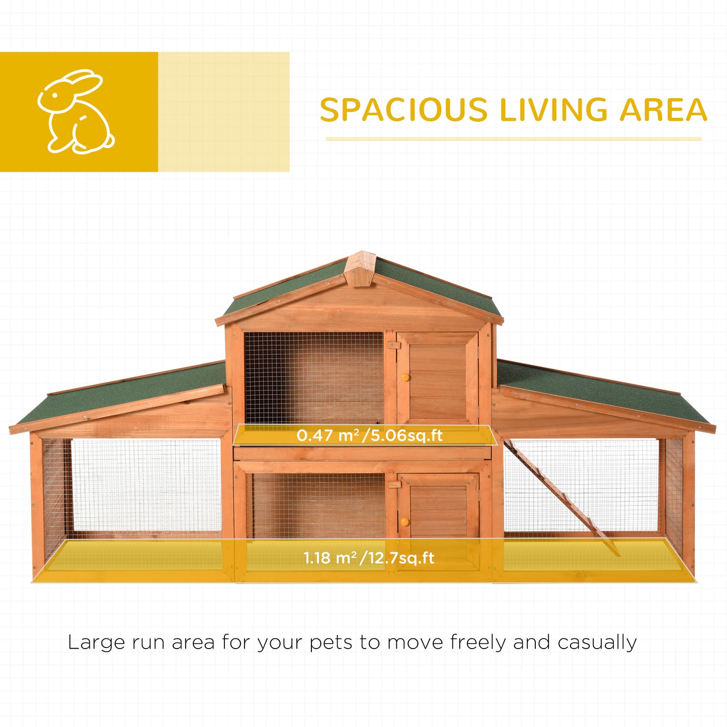 Large Rabbit Hutch Outdoor, Guinea Pig Hutch, Wooden Small Animal House, with Rabbit Run, 215 x 63 x 100 cm