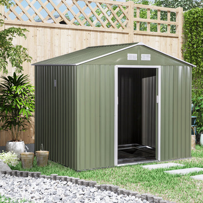 Outsunny 9 x 6FT Garden Storage Shed, Metal Outdoor Storage Shed House with Floor Foundation, Ventilation & Doors, Light Green