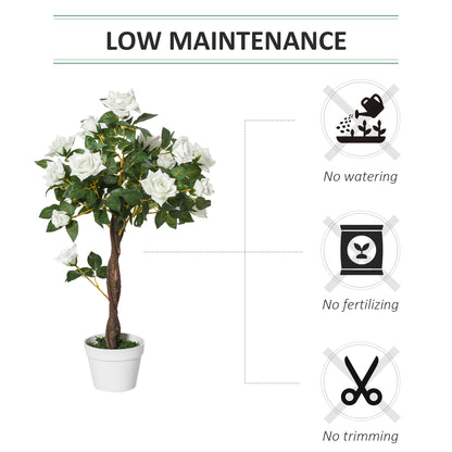90cm/3FT Artificial Rose Tree Fake Decorative Plant w/ 21 Flowers Pot Indoor Outdoor Faux Decoration Home Office Décor White & Green