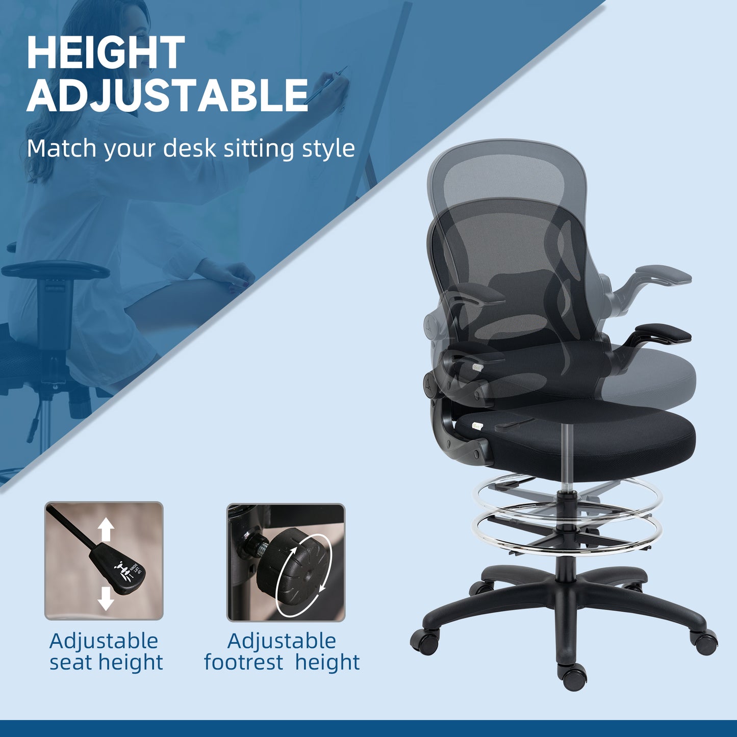 Adjustable Standing Desk Chair with Flip-up Armrests Lumbar Support Armrests Adjustable Footrest Ring Black