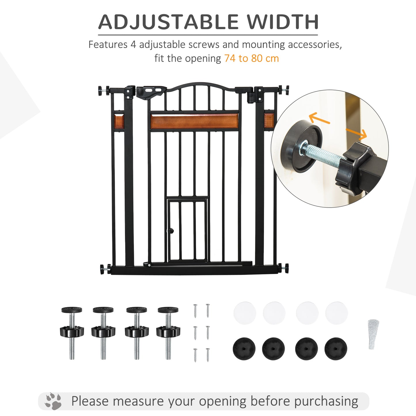 Dog Gate with Cat Flap Pet Safety Gate, Auto Close Double Locking Pine Wood Decoration, for Doorways Stairs Indoor, 74-80 cm Wide, Black