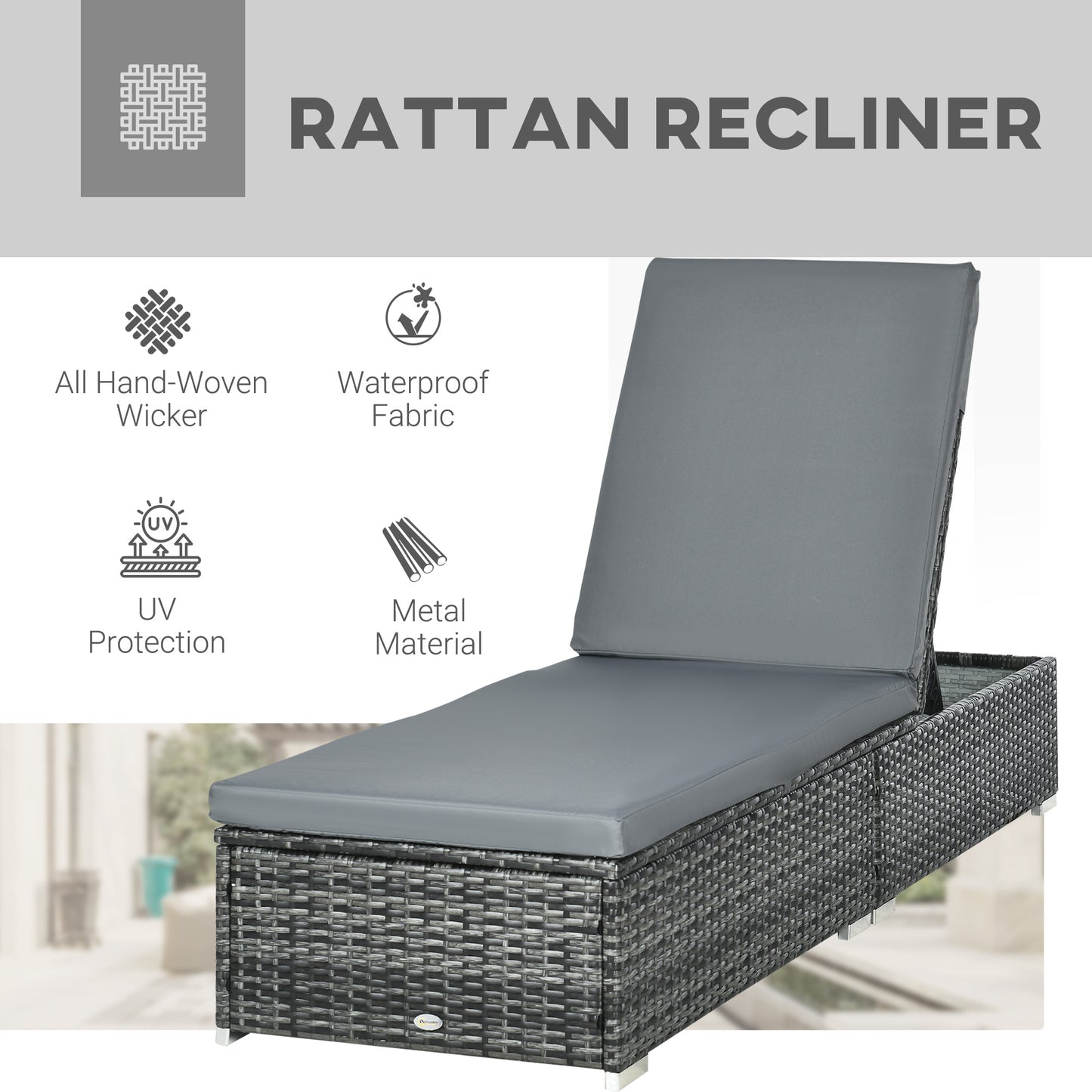 Rattan Sun Lounger Adjustable Garden Furniture Reclining Bed Chair Patio Wicker Grey
