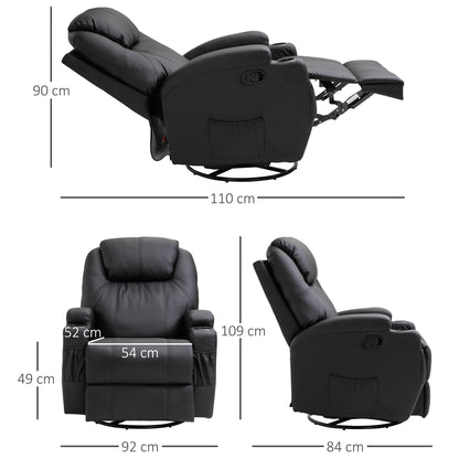Recliner Armchair Massage Swivel PU Leather Reclining Chairs with Adjustable Leg Rest, Cup Holder, Side Pocket, for Home Living Room, Black