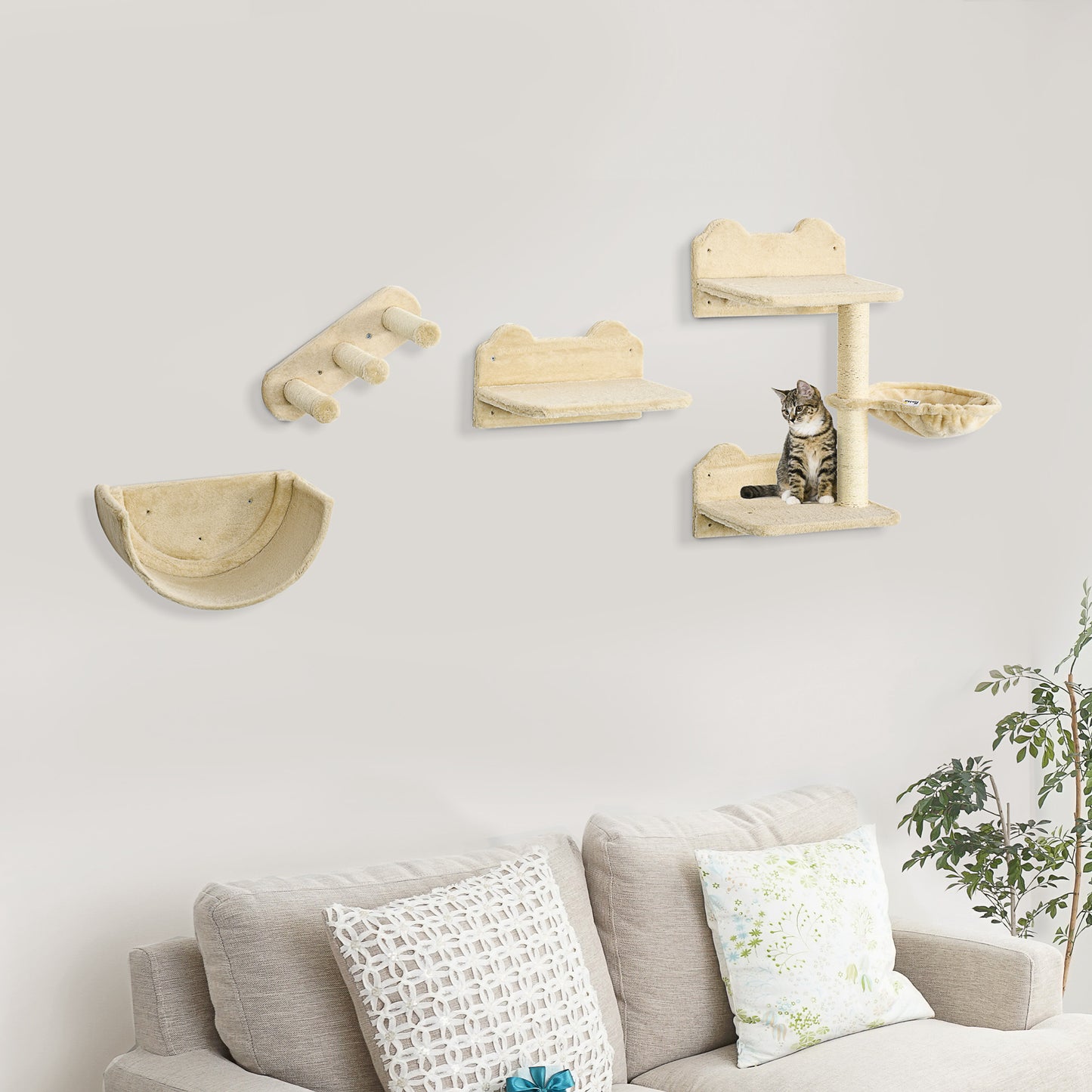 4PCs Wall Mounted Cat Tree Cat Wall Shelves Furniture Climbing Shelf Set Kitten Activity Centre w/ Hammock, Scratching Post - Beige