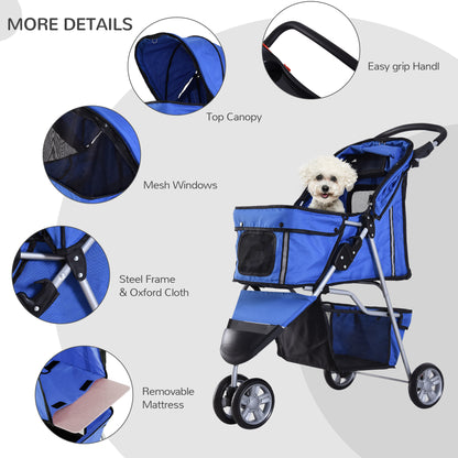 Pet Travel Stroller Cat Dog Pushchair Trolley Puppy Jogger Carrier Three Wheels for Small Miniature Dogs(Blue)
