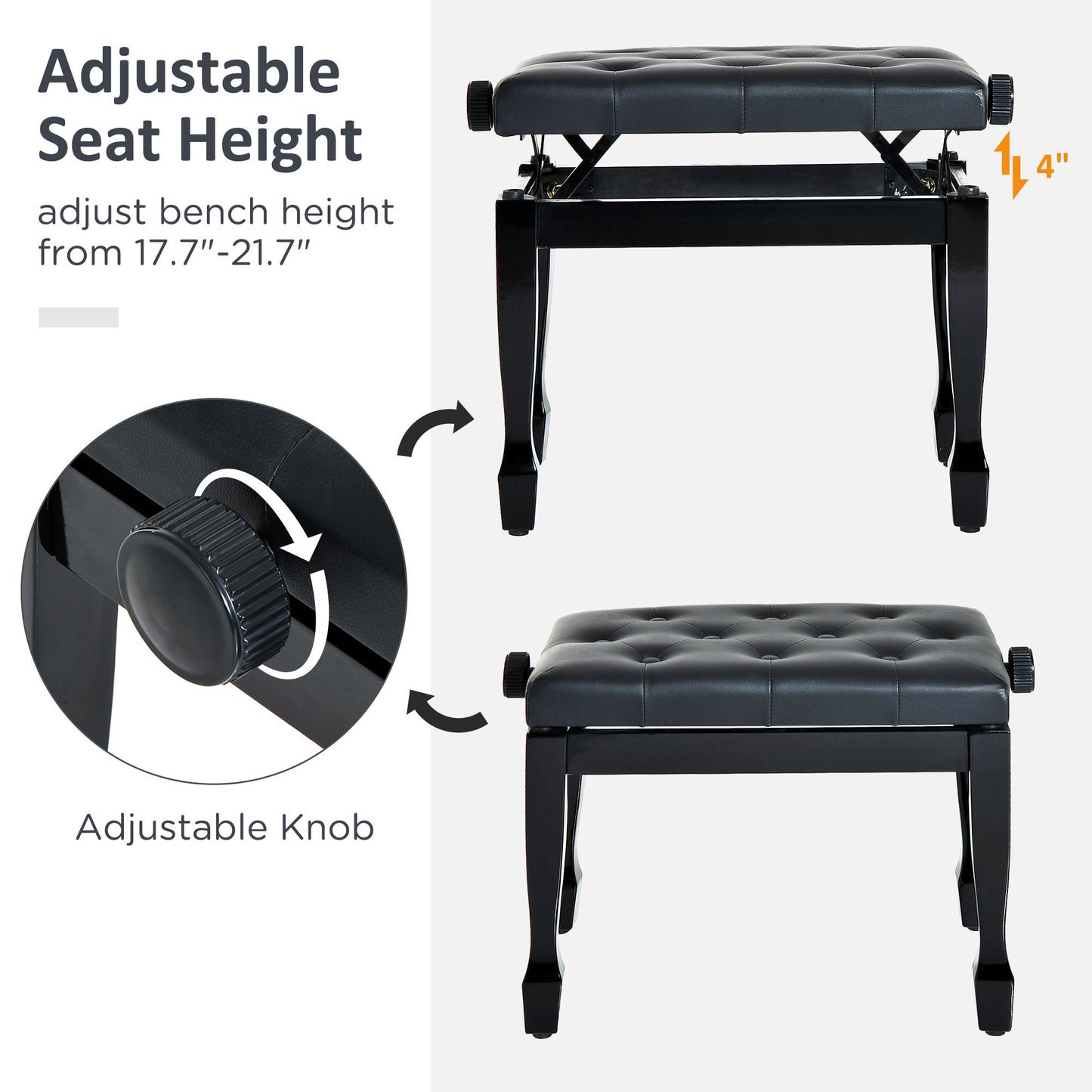 HOMCOM Faux Leather Piano Stool Height Adjustable Keyboard Bench Dressing Table Seat 64(L) x 35(W) x 45/55(H)cm, Black