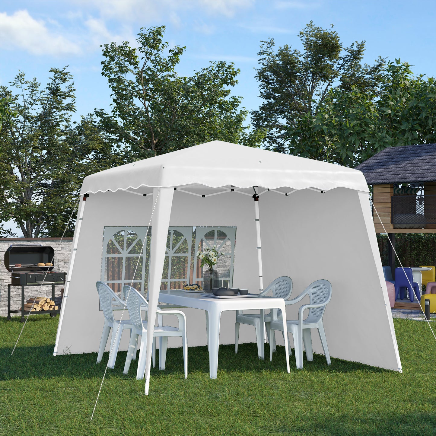 Outsunny Pop Up Gazebo with 2 Sides, Slant Legs and Carry Bag, Height Adjustable UV50+ Party Tent Event Shelter for Garden, Patio, 2.4 x 2.4m Top / 2.9 x 2.9m Base, White