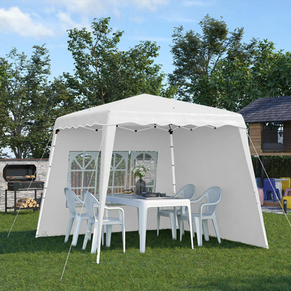 Outsunny Pop Up Gazebo with 2 Sides, Slant Legs and Carry Bag, Height Adjustable UV50+ Party Tent Event Shelter for Garden, Patio, 2.4 x 2.4m Top / 2.9 x 2.9m Base, White