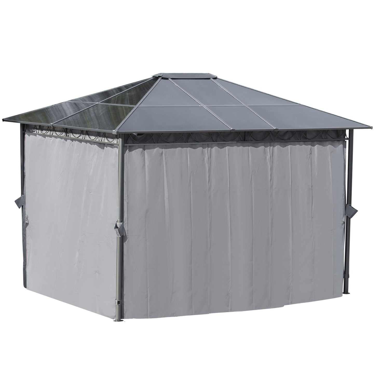 Outsunny 3 x 3.6m Hardtop Gazebo with UV Resistant Polycarbonate Roof, Steel & Aluminum Frame, Garden Pavilion with Curtains, Grey